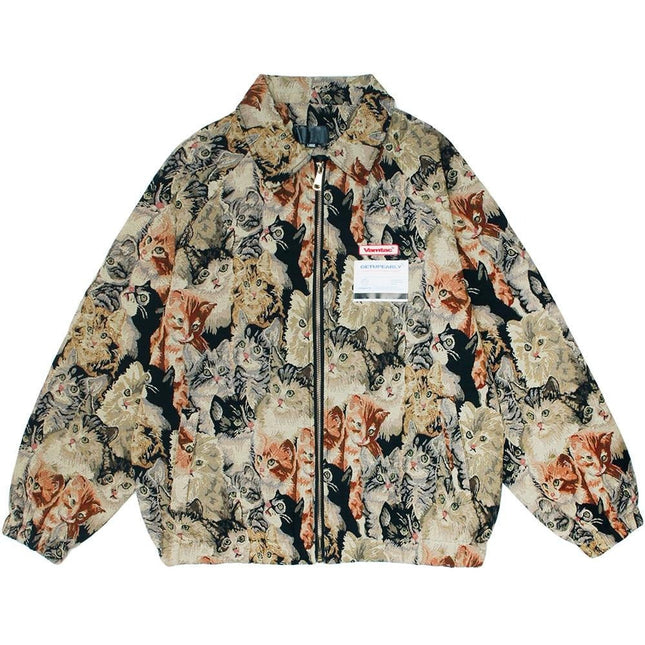 Jacket Men Cute Cat Painting Printed Zipper Coat Autumn Loose Casual Retro Cool Hip Hop Style Outwear Couple Streetwear-0