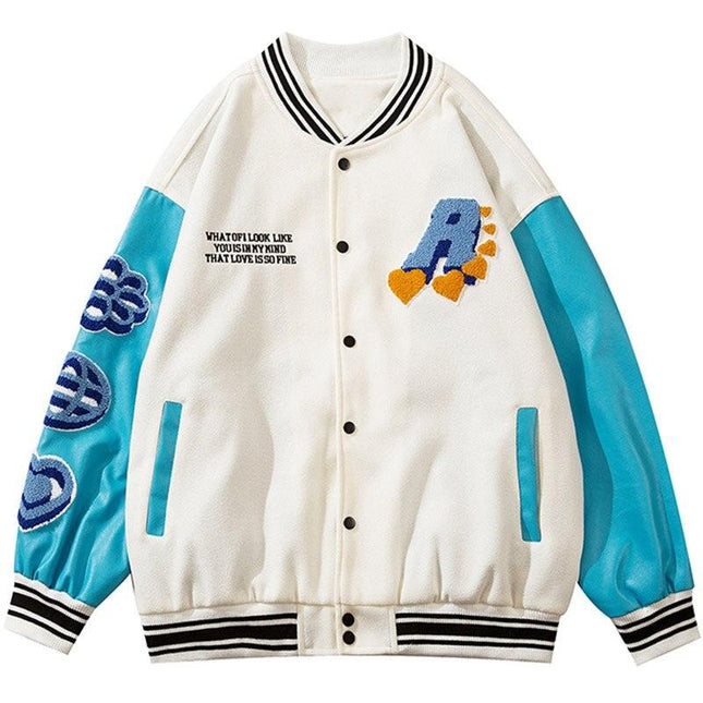 Jacket Men Furry Patches Leather Patchwork Color Oversized Bomber Coats Couple All-match College Style Baseball Outwear-0