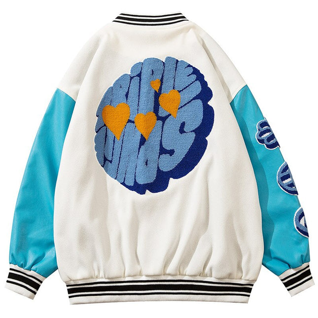 Jacket Men Furry Patches Leather Patchwork Color Oversized Bomber Coats Couple All-match College Style Baseball Outwear-1