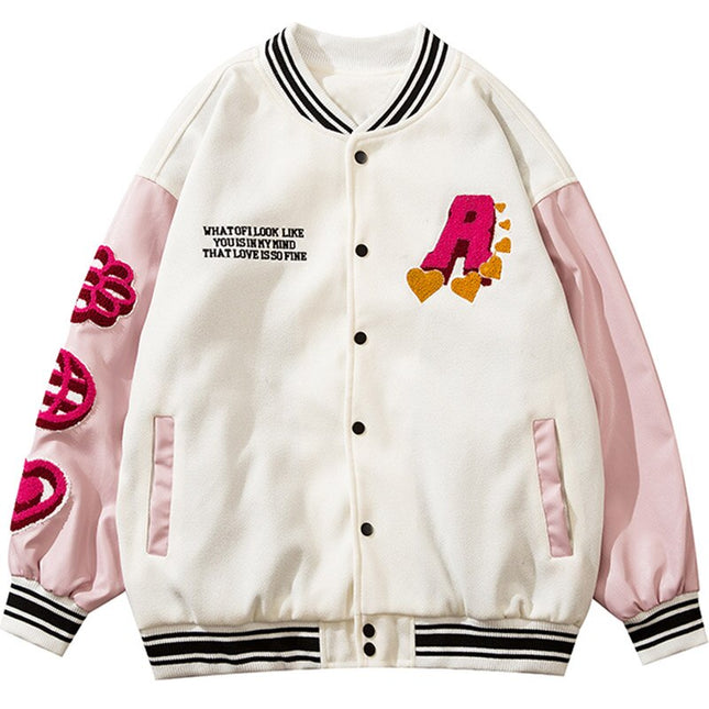 Jacket Men Furry Patches Leather Patchwork Color Oversized Bomber Coats Couple All-match College Style Baseball Outwear-3