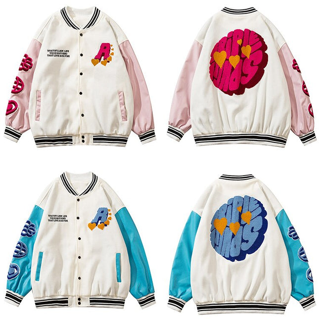 Jacket Men Furry Patches Leather Patchwork Color Oversized Bomber Coats Couple All-match College Style Baseball Outwear-4