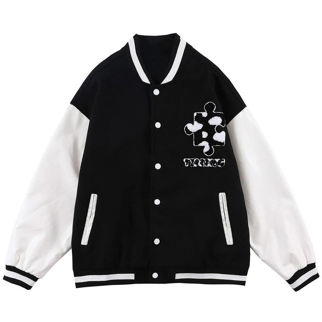 Varsity Jacket Men Cow Print Puzzle Letter Patch Bomber Coats Autumn Baggy Hipster College Style Baseball Jacket Couple-0