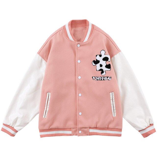 Varsity Jacket Men Cow Print Puzzle Letter Patch Bomber Coats Autumn Baggy Hipster College Style Baseball Jacket Couple-2