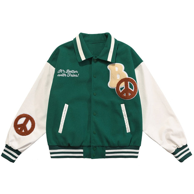 Jacket Men Cartoon Patches Patchwork Color Turn-down Collar Coat Harajuku Vintage College Style Varsity Jackets Outwear-1