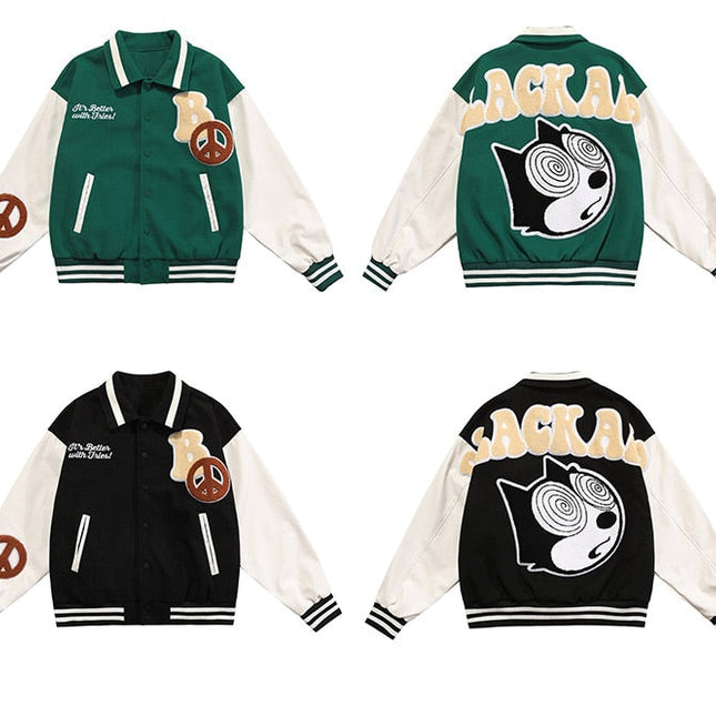 Jacket Men Cartoon Patches Patchwork Color Turn-down Collar Coat Harajuku Vintage College Style Varsity Jackets Outwear-2