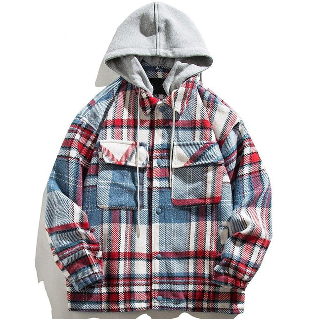 Plaid Print Pocket Hooded Jacket Coat Couple Loose Retro All-match Casual Outwear Autumn High Street Fashion Streetwear-0