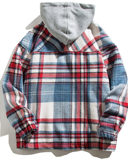 Plaid Print Pocket Hooded Jacket Coat Couple Loose Retro All-match Casual Outwear Autumn High Street Fashion Streetwear-1