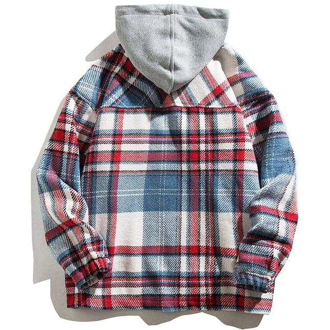 Plaid Print Pocket Hooded Jacket Coat Couple Loose Retro All-match Casual Outwear Autumn High Street Fashion Streetwear-1