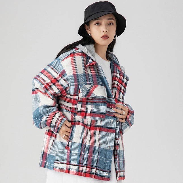 Plaid Print Pocket Hooded Jacket Coat Couple Loose Retro All-match Casual Outwear Autumn High Street Fashion Streetwear-3