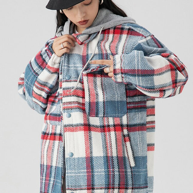 Plaid Print Pocket Hooded Jacket Coat Couple Loose Retro All-match Casual Outwear Autumn High Street Fashion Streetwear-2