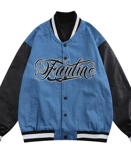 Jacket Men Denim Leather Patchwork Color Letter Embroidery Baggy Fashion High Street Style Baseball Jacket Autumn Coats-0