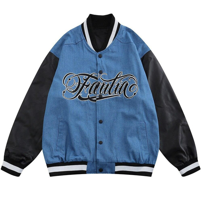 Jacket Men Denim Leather Patchwork Color Letter Embroidery Baggy Fashion High Street Style Baseball Jacket Autumn Coats-0