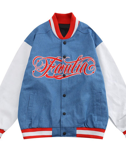 Jacket Men Denim Leather Patchwork Color Letter Embroidery Baggy Fashion High Street Style Baseball Jacket Autumn Coats-2