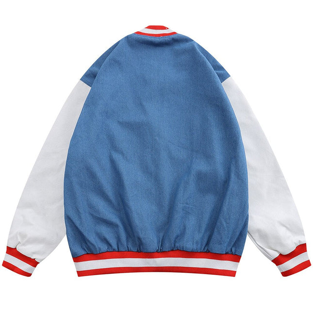 Jacket Men Denim Leather Patchwork Color Letter Embroidery Baggy Fashion High Street Style Baseball Jacket Autumn Coats-3