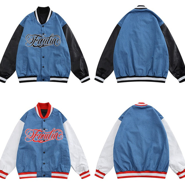 Jacket Men Denim Leather Patchwork Color Letter Embroidery Baggy Fashion High Street Style Baseball Jacket Autumn Coats-4
