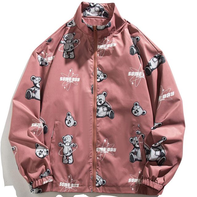 Track Jacket Men Bear Letter Print Zipper Windbreaker Coat Autumn Casual Baggy Fashion Hip Hop Jacket Couple Streetwear-3