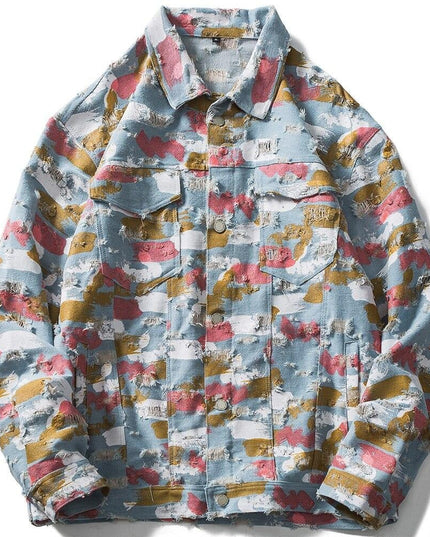 Watercolor Graffiti Hole Ripped Denim Jacket Men Fashion Hip Hop Style Cowboy Jacket Coats Autumn Baggy Cool Streetwear-0