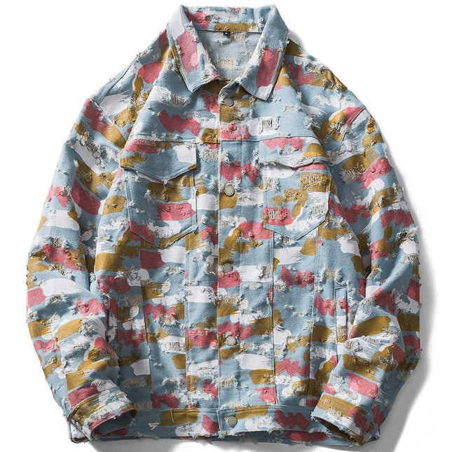 Watercolor Graffiti Hole Ripped Denim Jacket Men Fashion Hip Hop Style Cowboy Jacket Coats Autumn Baggy Cool Streetwear-0