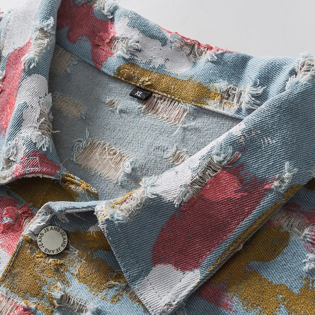 Watercolor Graffiti Hole Ripped Denim Jacket Men Fashion Hip Hop Style Cowboy Jacket Coats Autumn Baggy Cool Streetwear-3