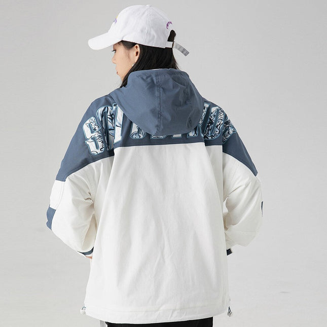 Jacket Men Letter Patch Color Block Zipper Hooded Windbreaker Men Casual Loose Harajuku High Street Outwear Coat Autumn-2