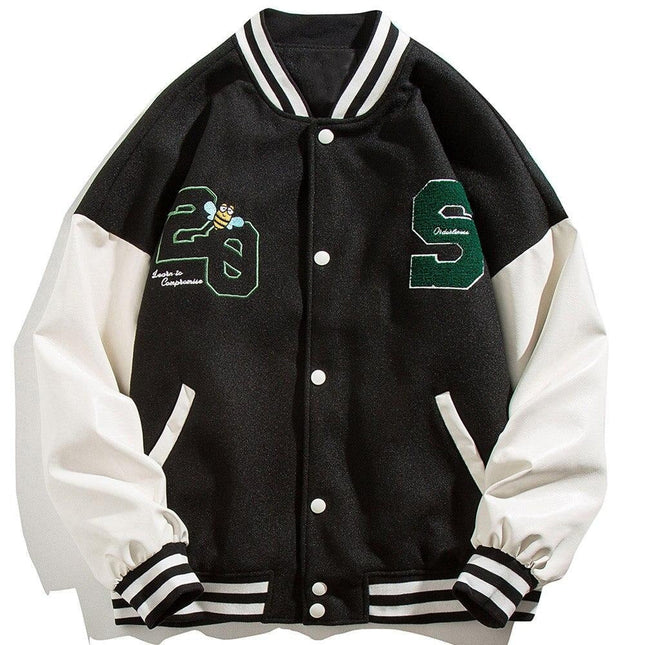 Patchwork Color Animal Letter Embroidery Baseball Jacket Men Bomber Coat Autumn Vintage High Street Harajuku Streetwear-0