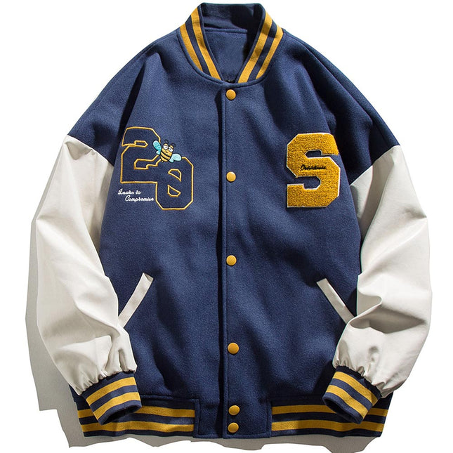 Patchwork Color Animal Letter Embroidery Baseball Jacket Men Bomber Coat Autumn Vintage High Street Harajuku Streetwear-3