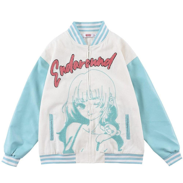 Jacket Men Comics Girl Print Patchwork Color Baseball Jackets College Style Baggy Casual Outwear Cozy Couple Streetwear-0