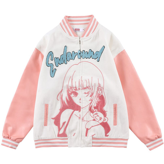 Jacket Men Comics Girl Print Patchwork Color Baseball Jackets College Style Baggy Casual Outwear Cozy Couple Streetwear-2