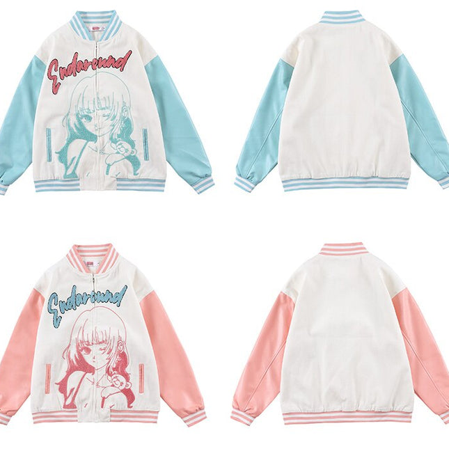 Jacket Men Comics Girl Print Patchwork Color Baseball Jackets College Style Baggy Casual Outwear Cozy Couple Streetwear-4