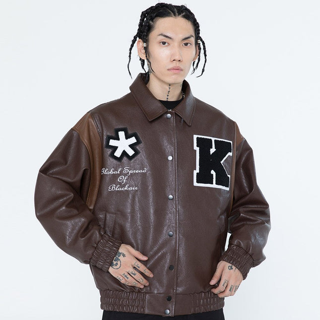 Jacket Men Letter Embroidery Patch Leather Coats Autumn Retro Baggy Punk Fashion Cool Jackets Outwear Couple Streetwear-4