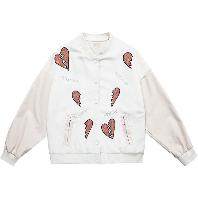 Jacket Men Diamonds Broken Heart Leather Patchwork Sleeve Baseball Coat Hip Hop Outwear Fashion Casual Loose Streetwear-0