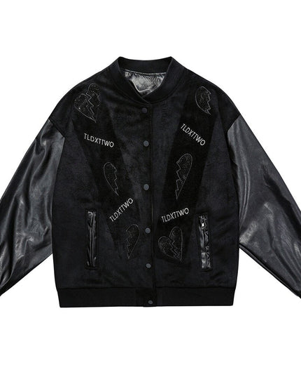 Jacket Men Diamonds Broken Heart Leather Patchwork Sleeve Baseball Coat Hip Hop Outwear Fashion Casual Loose Streetwear-3