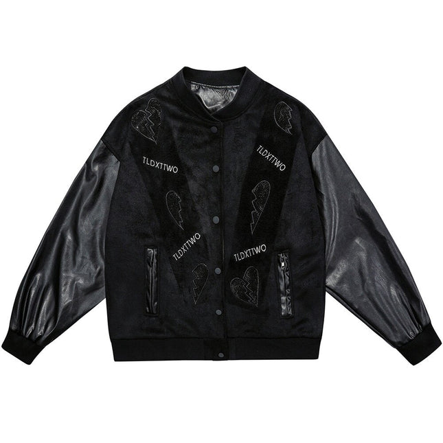 Jacket Men Diamonds Broken Heart Leather Patchwork Sleeve Baseball Coat Hip Hop Outwear Fashion Casual Loose Streetwear-3