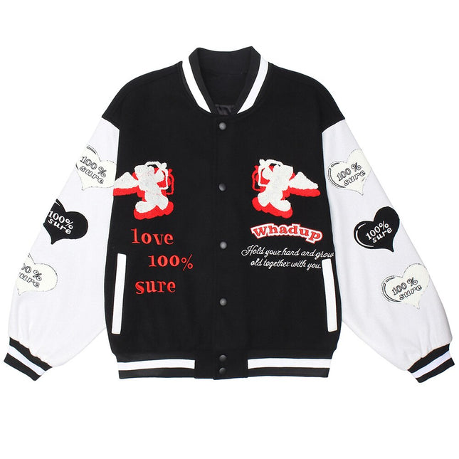 Jacket Men Heart-shaped Patches Letter Embroidery Patchwork Color Sleeve Coat Harajuku College Style Varsity Streetwear-1