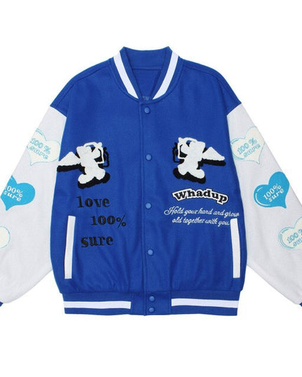 Jacket Men Heart-shaped Patches Letter Embroidery Patchwork Color Sleeve Coat Harajuku College Style Varsity Streetwear-4