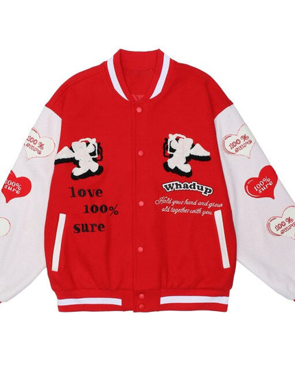 Jacket Men Heart-shaped Patches Letter Embroidery Patchwork Color Sleeve Coat Harajuku College Style Varsity Streetwear-2