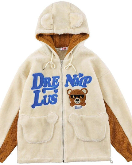 Jacket Men Furry Bear Color Block Patchwork Flannel Outwear College Style Hooded Coats Soft Cozy Warm Couple Streetwear-0