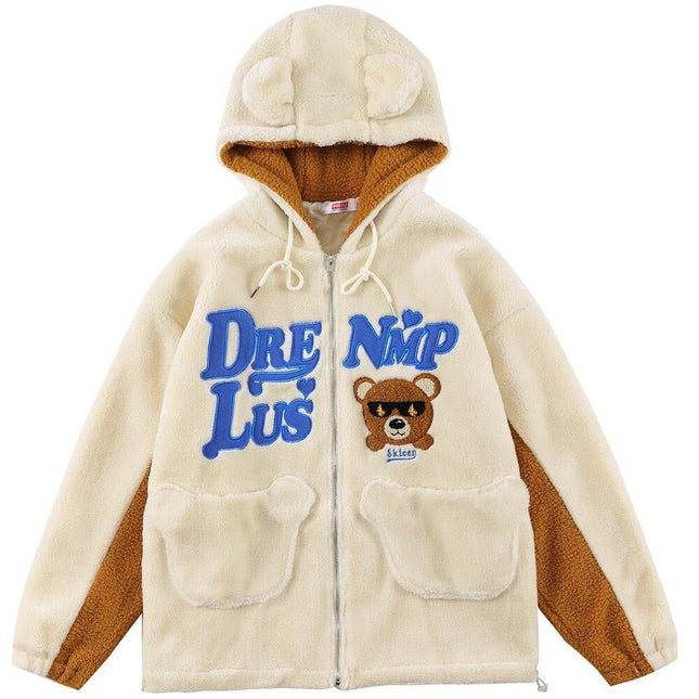 Jacket Men Furry Bear Color Block Patchwork Flannel Outwear College Style Hooded Coats Soft Cozy Warm Couple Streetwear-0