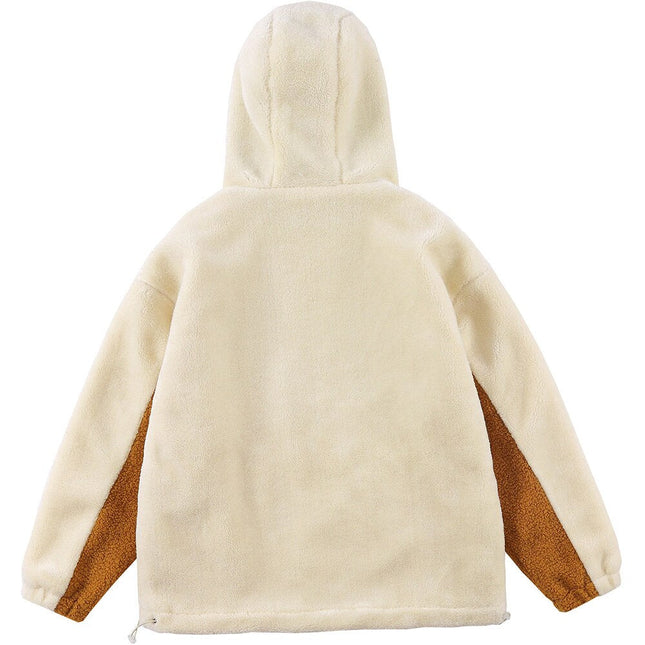 Jacket Men Furry Bear Color Block Patchwork Flannel Outwear College Style Hooded Coats Soft Cozy Warm Couple Streetwear-1
