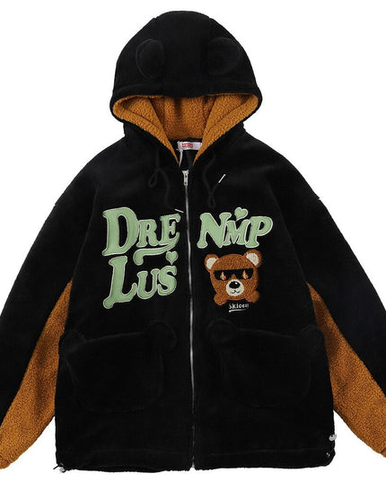 Jacket Men Furry Bear Color Block Patchwork Flannel Outwear College Style Hooded Coats Soft Cozy Warm Couple Streetwear-2