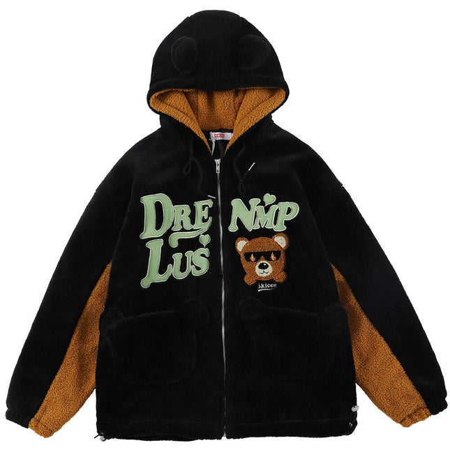 Jacket Men Furry Bear Color Block Patchwork Flannel Outwear College Style Hooded Coats Soft Cozy Warm Couple Streetwear-2