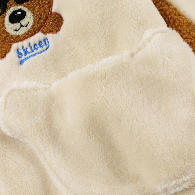 Jacket Men Furry Bear Color Block Patchwork Flannel Outwear College Style Hooded Coats Soft Cozy Warm Couple Streetwear-4