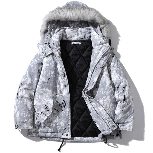 Parka Jacket Men Letter Tie Dye Print Zipper Sleeve Hooded Jackets Coat Winter Harajuku Hip Hop Warm Padded Outwear Men-0