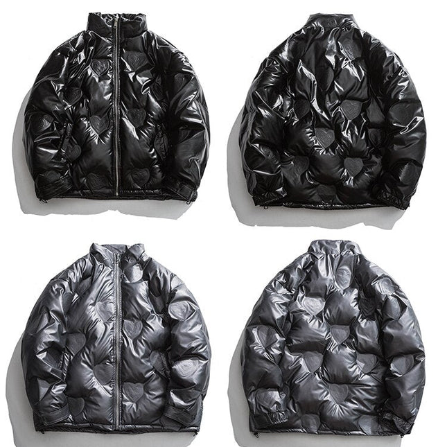 Winter Jacket Men Heart Embossing Solid Color Zipper Black Parkas Baggy Simple Fashion Cool Warm Cozy Padded Streetwear-4