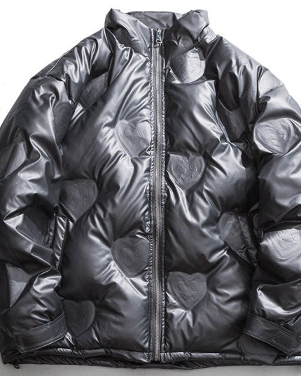 Winter Jacket Men Heart Embossing Solid Color Zipper Black Parkas Baggy Simple Fashion Cool Warm Cozy Padded Streetwear-3