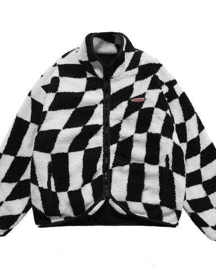 Lambswool Jacket Men Plaid Print Zipper Warm Coats Winter Soft Cozy High Street Fashion Simple Casual Oversized Outwear-0