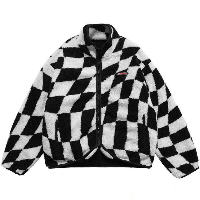Lambswool Jacket Men Plaid Print Zipper Warm Coats Winter Soft Cozy High Street Fashion Simple Casual Oversized Outwear-0