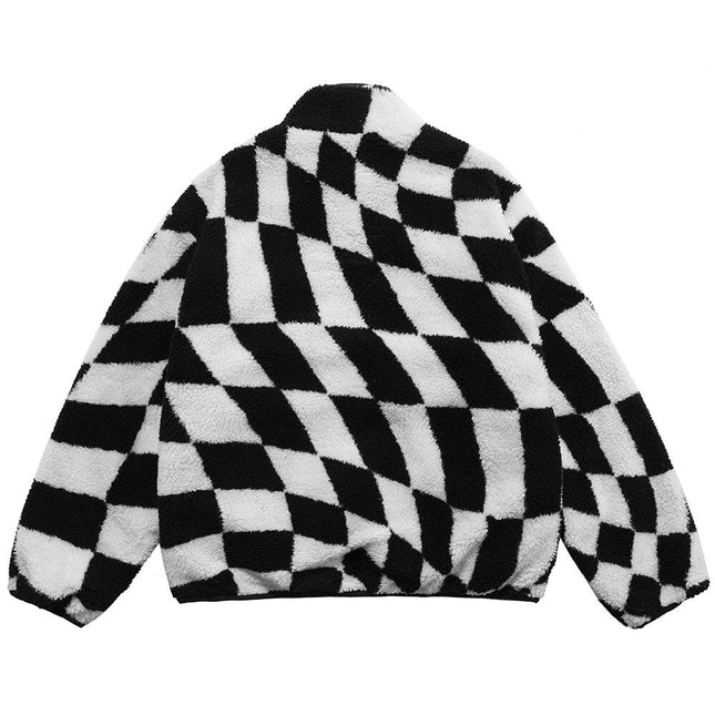 Lambswool Jacket Men Plaid Print Zipper Warm Coats Winter Soft Cozy High Street Fashion Simple Casual Oversized Outwear-1