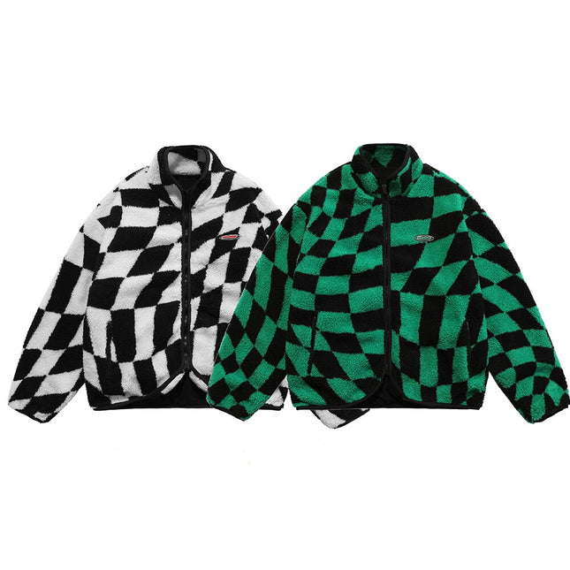 Lambswool Jacket Men Plaid Print Zipper Warm Coats Winter Soft Cozy High Street Fashion Simple Casual Oversized Outwear-4