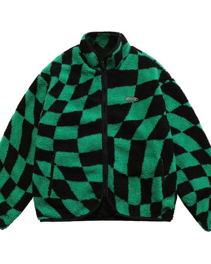 Lambswool Jacket Men Plaid Print Zipper Warm Coats Winter Soft Cozy High Street Fashion Simple Casual Oversized Outwear-2
